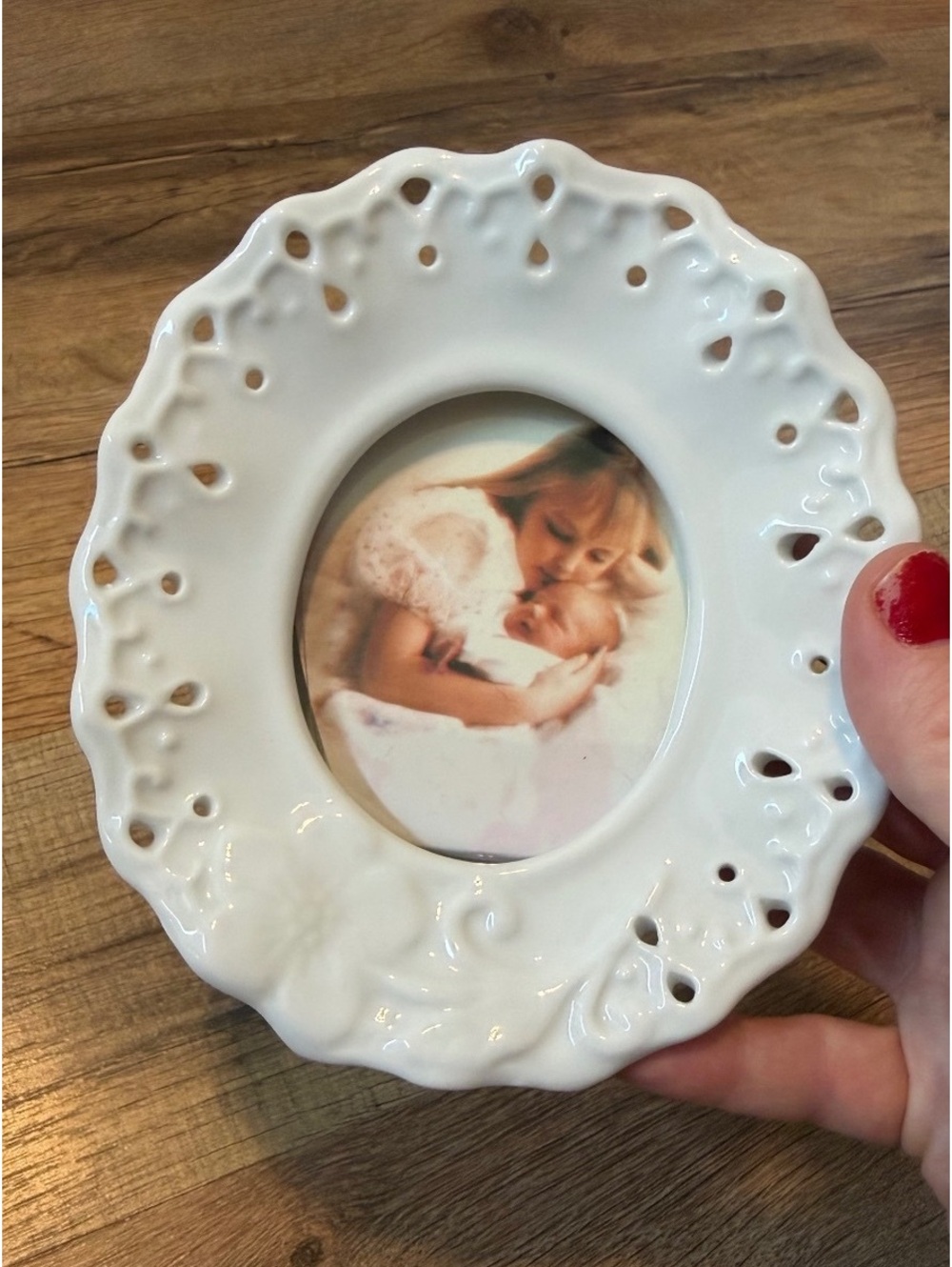 Vintage White Ceramic Picture Frame with Decorative Edge and Original Insert